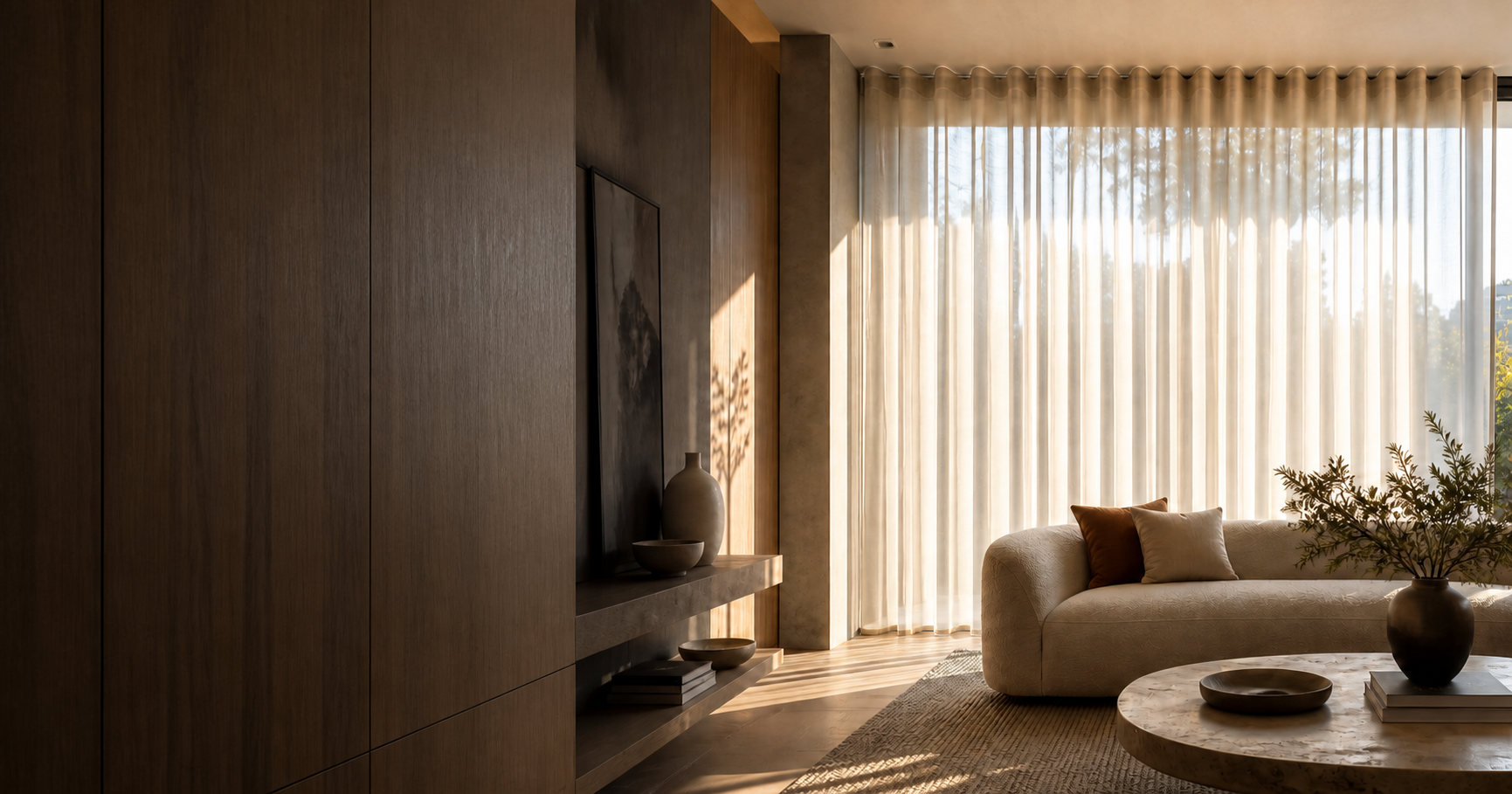 A serene interior framed by softly tailored sheer curtains